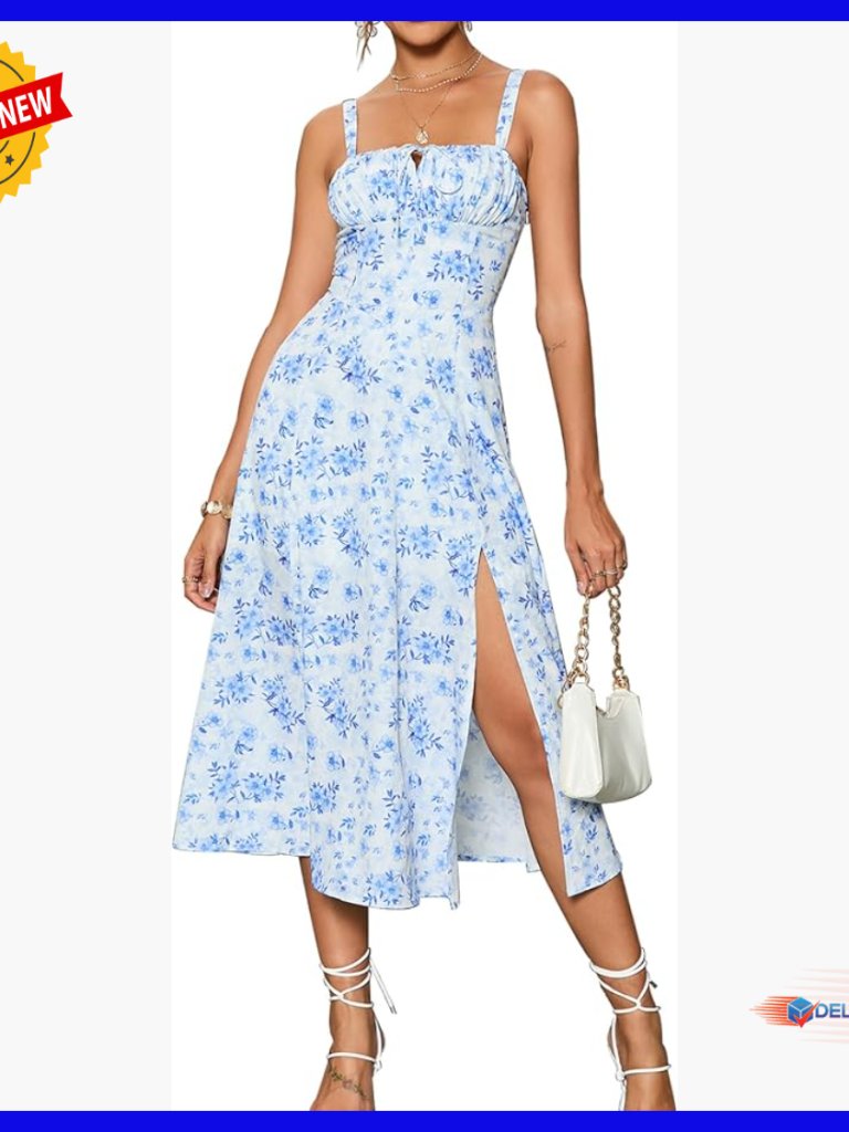 Summer Corset Midi Dress Floral Lace Up A-Line Casual Sundress